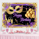 Masque d'or et toile de fond violet ballon pour la fête d'anniversaire